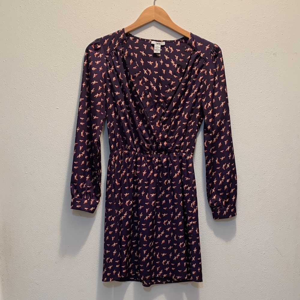 Bar III Navy and Birds Print Long Sleeve Dress